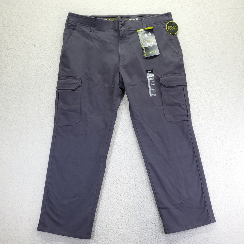 Lee Extreme Comfort MVP Cargo Pant Men 38x29 Gray Straight Fit Hidden Pocket NEW